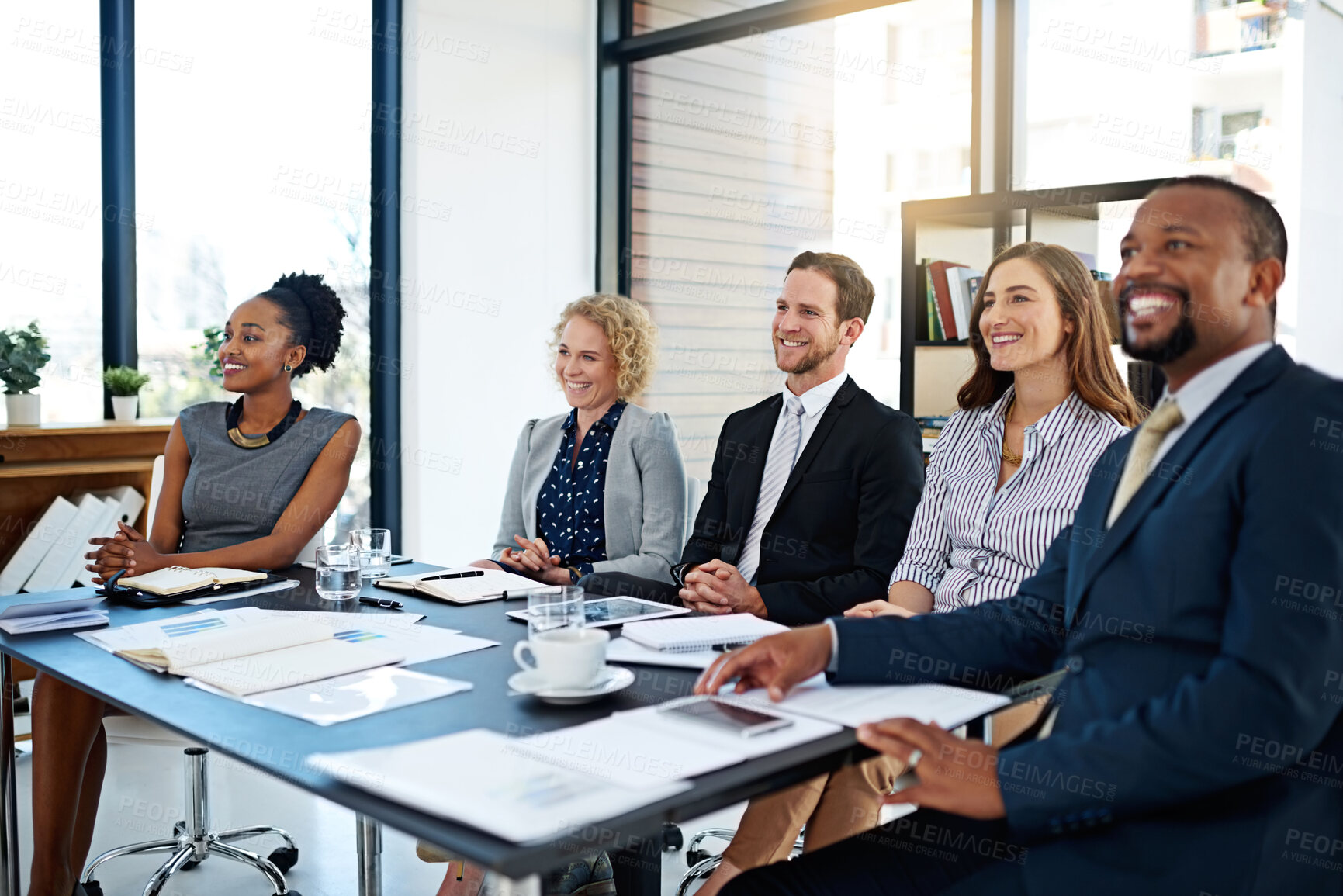 Buy stock photo Business people, presentation or audience in seminar, workshop or meeting for training or coaching. Happy, smile or staff in crowd at conference or convention for education, paperwork and learning 
