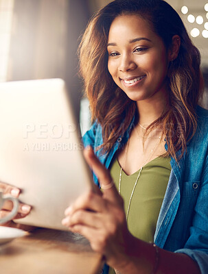 Buy stock photo Cafe, girl and woman with tablet, smile or connection with internet, social media or network. Happy, copywriting or person in restaurant, tech or digital app with online reading or email notification
