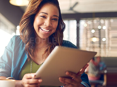 Buy stock photo Woman, tablet and laugh with coffee shop, technology and online meme for funny joy. Journalist, internet and website for web knowledge, cafe and remote freelance work or break for social media