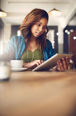 Buy stock photo Cafe, business and woman with tablet, thinking and connection with internet, cappuccino and network. Person, copywriting and girl in coffee shop, tech and app with social media and email with ideas