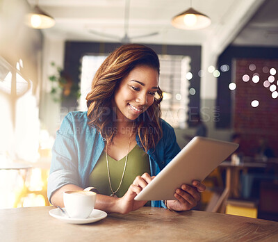 Buy stock photo Coffee shop, smile and woman with tablet, typing and connection with internet, digital app and network. Person, copywriting and girl with tech, website info and email notification with social media
