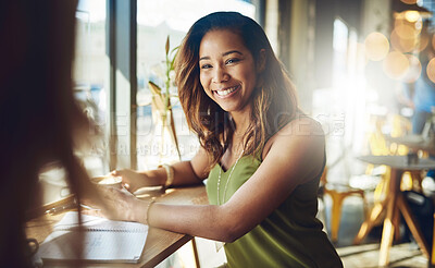 Buy stock photo Smile, window and women in coffee shop together for social meeting, business planning or networking. Remote work, partnership and girl friends in cafe with conversation, drink and happy connection.