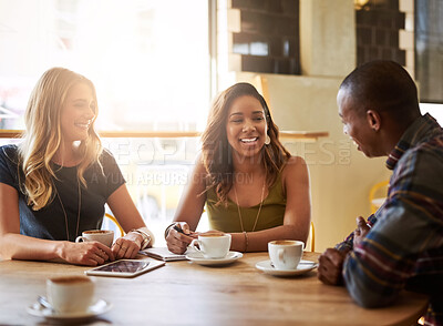 Buy stock photo Sunshine, group and friends in coffee shop, relax and cappuccino with catch up, communication and chilling. Reunion, man and women with support, restaurant and latte with discussion, smile and talk