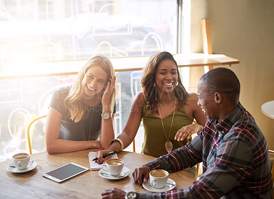 Buy stock photo Sunshine, group and friends in cafe, funny and coffee with catch up, communication and laughing. Reunion, man and women with cappuccino, summer and latte with discussion, happiness or humor with joke