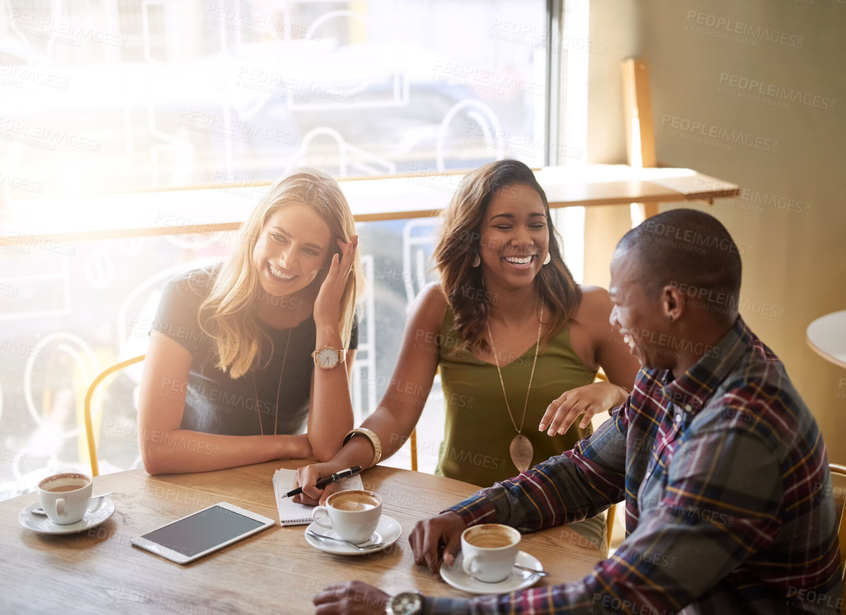 Buy stock photo Sunshine, group and friends in cafe, funny and coffee with catch up, communication and laughing. Reunion, man and women with cappuccino, summer and latte with discussion, happiness or humor with joke