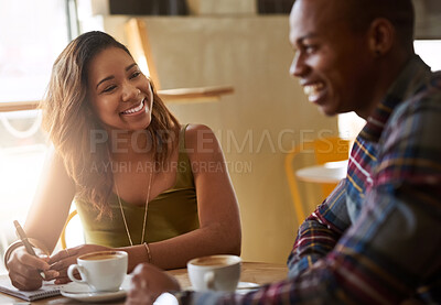 Buy stock photo Smile, students and friends in coffee shop for learning, talking or studying together in restaurant. Happy people, laughing and relax in cafe for education, conversation or writing notes in college