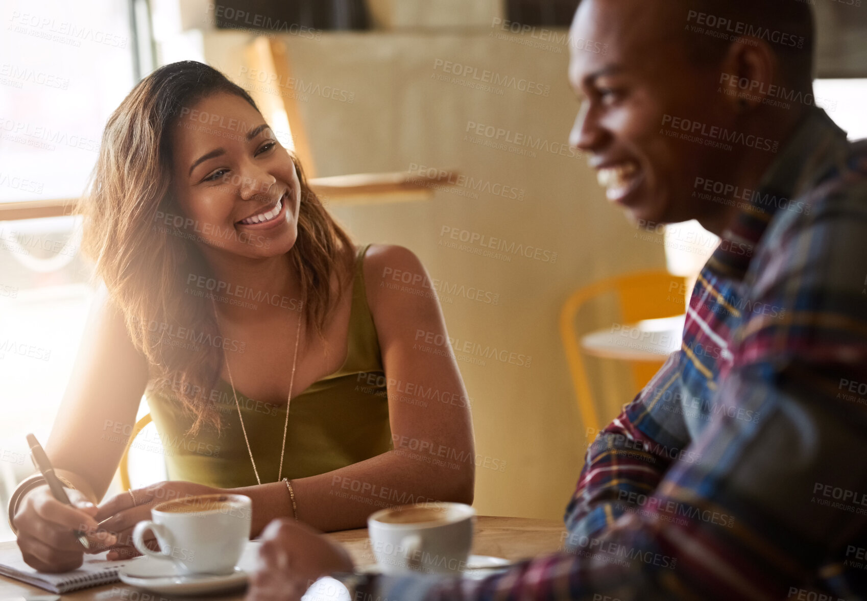 Buy stock photo Smile, students and friends in coffee shop for learning, talking or studying together in restaurant. Happy people, laughing and relax in cafe for education, conversation or writing notes in college