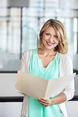 Buy stock photo Happy, business and woman with paperwork, smile and reading with information, schedule and planning. Writing, person and employee with documents, review and company growth with feedback or consultant