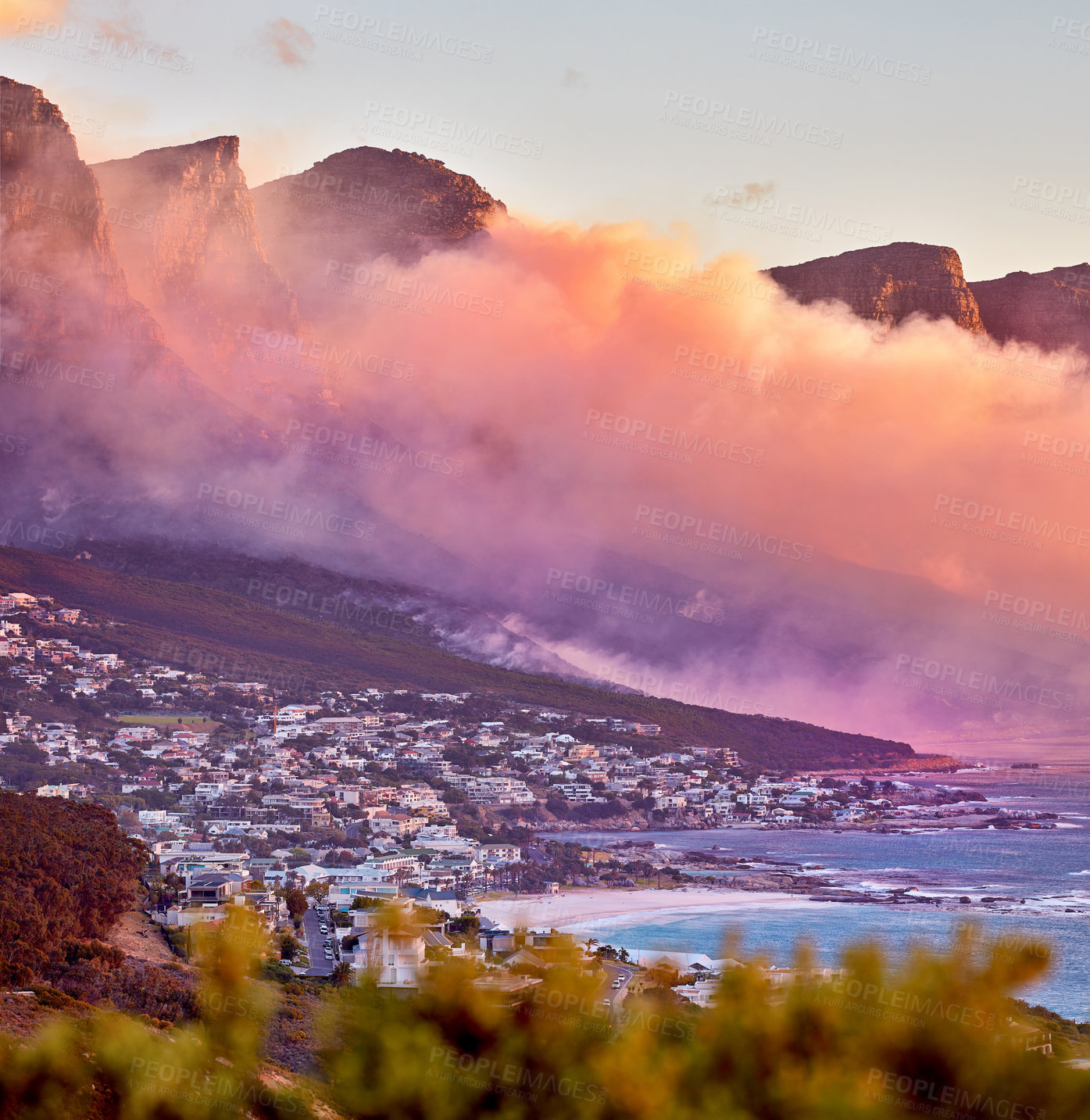 Buy stock photo Wildfire, mountains and flames with smoke, emergency and threat with danger, coastline and climate change. Empty, Los Angeles and environment with destruction, beach and global warming with warning