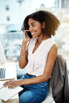 Buy stock photo Woman, phone call and writing in happy office, notes and agenda for company on technology. Communication, speaking and notebook with schedule or idea, online business for contact information