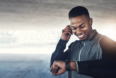 Buy stock photo Black man, runner and check smart watch for fitness with statistics, speed and thinking in city. Person, clock and timer app with excited for record, steps and outdoor for training with mock up space