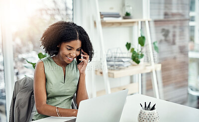 Buy stock photo Phone call, laptop and businesswoman in office, communication and virtual meeting in workplace. Computer, smile and communication for planning in workplace, brand manager and chat with clients online