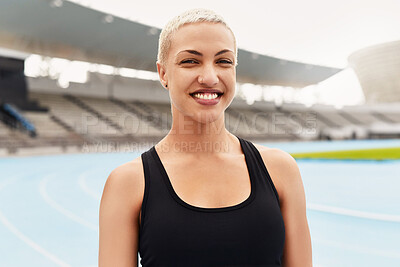 Buy stock photo Female athlete, portrait and track field with smile for training, exercise and running. Woman, happy and stadium with confidence for workout, health and fitness with future athletic or sports event