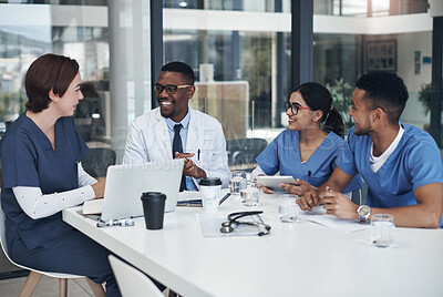 Buy stock photo Discussion, laptop and team of doctors in office for medical treatment, diagnosis or surgery planning in clinic. Meeting, computer and surgeon with group of healthcare interns learning in hospital.