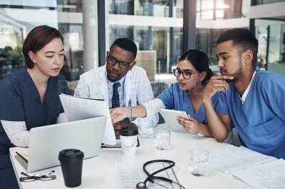 Buy stock photo Internship, laptop and team of doctors with documents in office for medical treatment, diagnosis or surgery in clinic. Discussion, computer and surgeon with healthcare students learning in hospital.