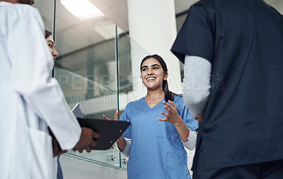 Buy stock photo Low angle nurse, doctors and discussion with clipboard, results and talk for health and medicine. Team, hospital and planning for medical, help and life insurance with communication and collaboration