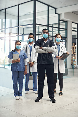 Buy stock photo Doctors, man and arms crossed with mask, group and portrait with diversity for medical career in hospital. Surgeon team, people and women with collaboration, wellness and ppe for healthcare services