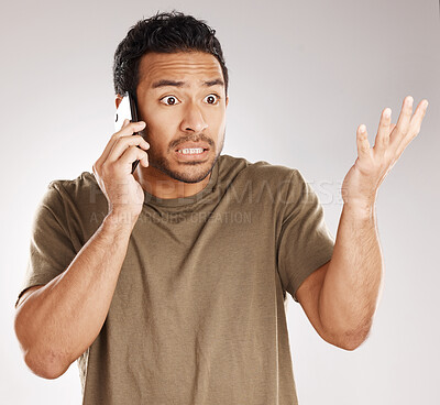 Buy stock photo Phone call, frustrated and confused man in studio for conflict, scam or argument on white background. Mobile, conversation and angry person with customer support complaint, problem or shock for fraud