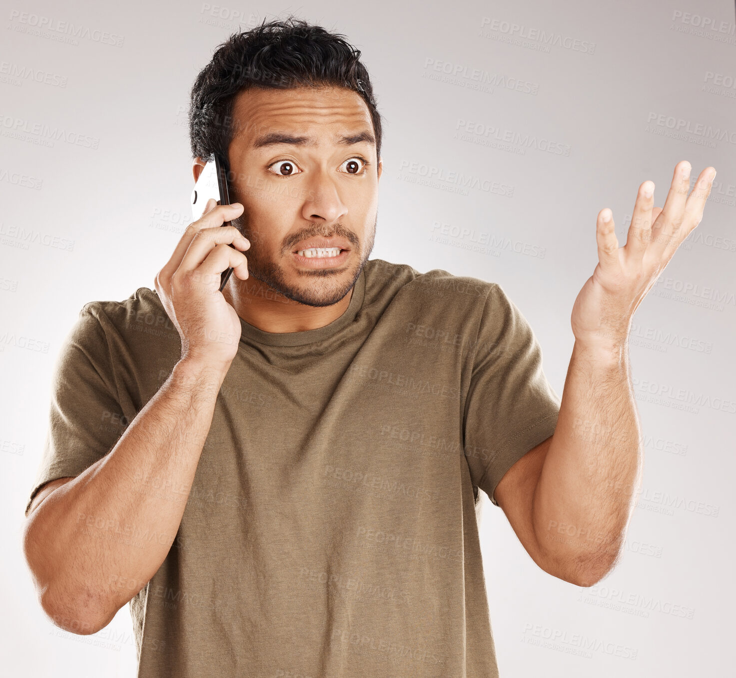 Buy stock photo Phone call, frustrated and confused man in studio for conflict, scam or argument on white background. Mobile, conversation and angry person with customer support complaint, problem or shock for fraud