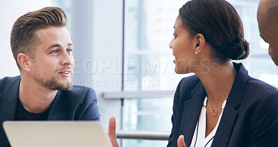 Buy stock photo Discussion, business people and team in meeting for ideas, brainstorming and problem solving for insight. Collaboration, laptop and planning for investment, economy or financial project in office