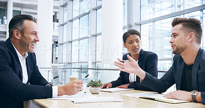 Buy stock photo Strategy, business people and team in meeting for ideas, brainstorming and problem solving for insight. Collaboration, document and planning for investment, economy or financial discussion in office