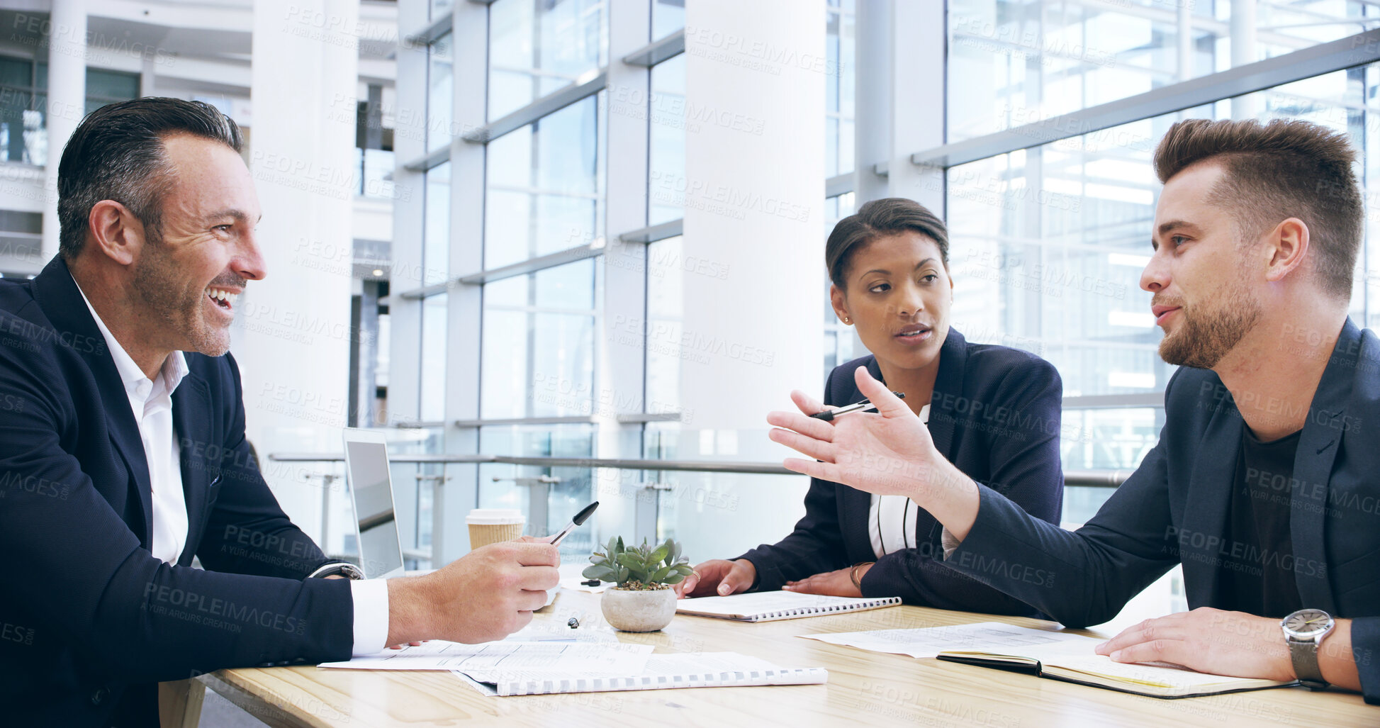 Buy stock photo Strategy, business people and team in meeting for ideas, brainstorming and problem solving for insight. Collaboration, document and planning for investment, economy or financial discussion in office