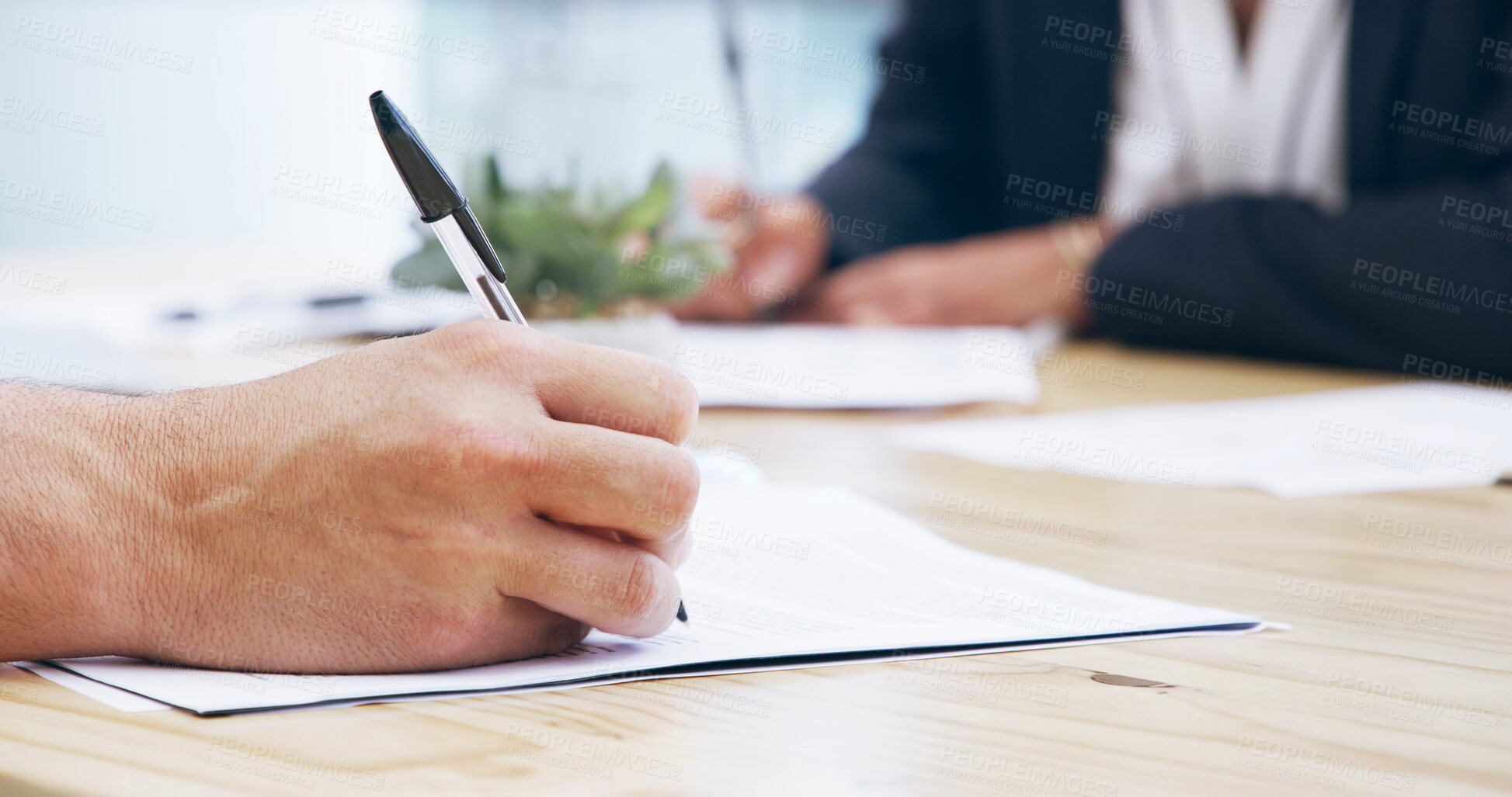 Buy stock photo Signature, documents and hands of advisor with client in office for credit portfolio, investment banker and writing. Financial broker, capital report and meeting with closeup of business people