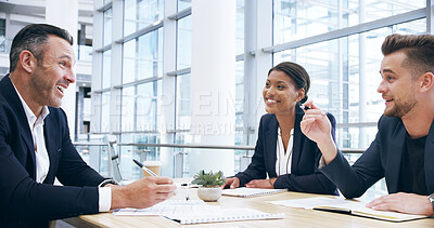 Buy stock photo Strategy, business people and happy team in meeting for discussion, brainstorming ideas and accounting. Collaboration, document and planning for investment, bookkeeping and financial report in office