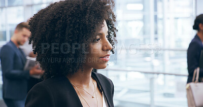 Buy stock photo Corporate, thinking and woman at conference for business seminar, training lecture or workshop. Future, idea and vision with professional employee in convention center for upskill development