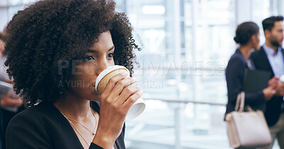 Buy stock photo Coffee, thinking and woman at conference for business seminar, training or workshop. Future, planning and vision with employee drinking caffeine beverage in convention center for upskill development