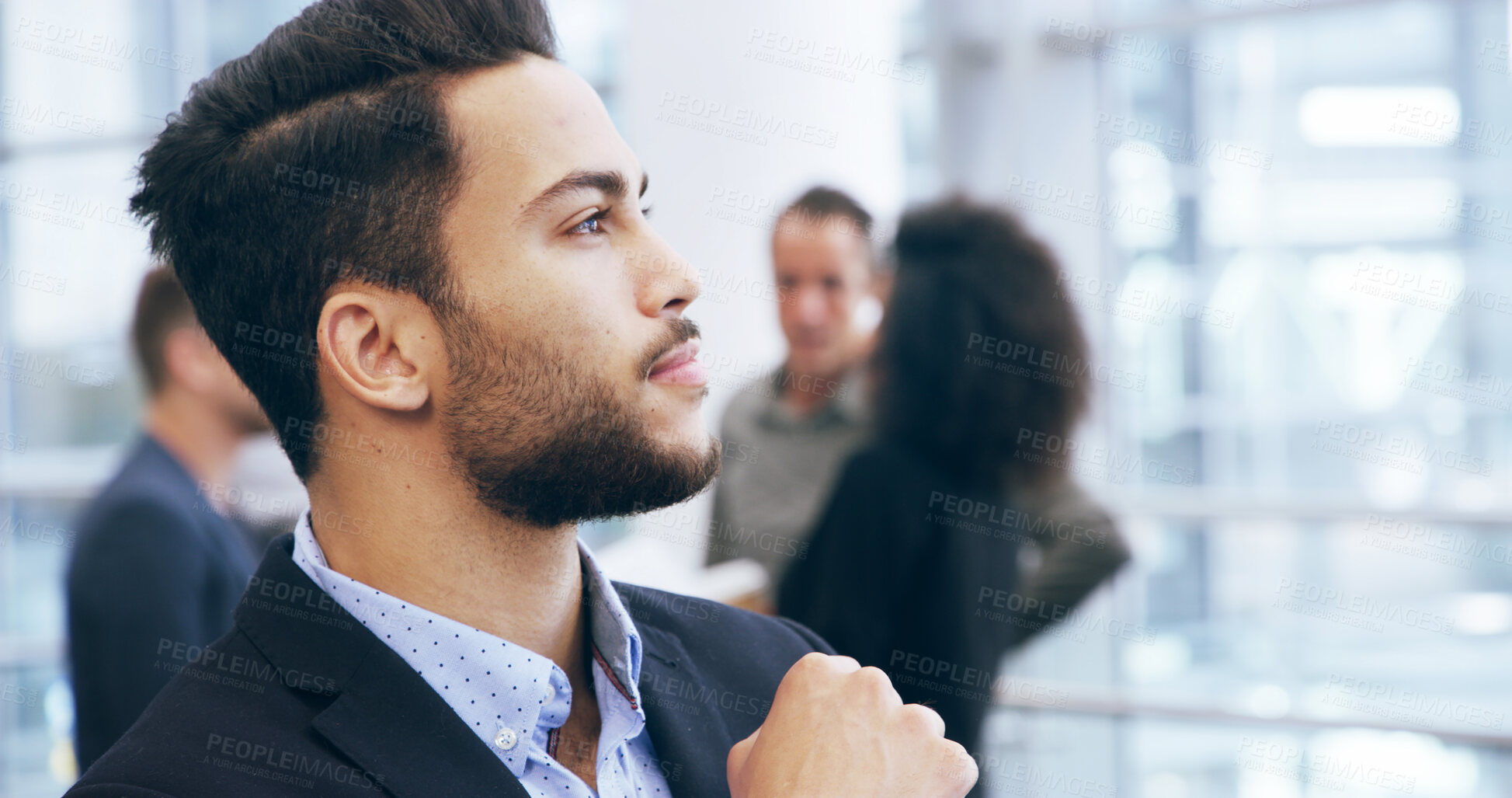 Buy stock photo Thinking, idea and business man in office for planning, problem solving and brainstorming. Professional team, corporate and person for solution, company insights and financial decision in meeting