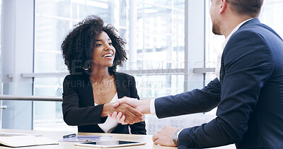 Buy stock photo Business people, meeting or handshake with hiring for contract agreement, deal or partnership at office. Employee, colleagues or shaking hands with smile for new recruitment or thank you at workplace