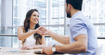 Business people, meeting or handshake with partnership for contract agreement, deal or b2b at office. Businessman, woman or colleagues shaking hands with smile for onboarding, recruiting or hiring