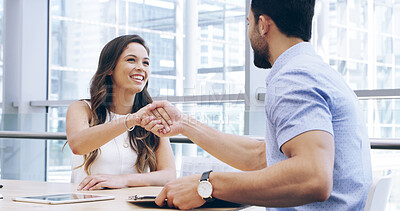 Buy stock photo Business people, meeting or handshake with partnership for contract agreement, deal or b2b at office. Businessman, woman or colleagues shaking hands with smile for onboarding, recruiting or hiring