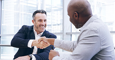 Buy stock photo Businessmen, meeting or handshake with partnership for contract agreement, deal or B2B at office. Business people, employee or colleagues shaking hands with smile for onboarding, recruiting or hiring