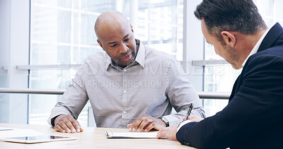 Buy stock photo Businessmen, writing or signing with contract for corporate policy, negotiation or legal agreement at office. Business people, employee or coworker with paperwork for assets, partnership or b2b deal
