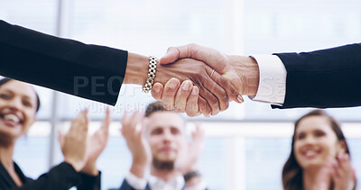 Buy stock photo Closeup, handshake and business people in office, celebration and partnership for company merger. Collaboration, coworking and employees shaking hands, profit growth and sales increase with applause
