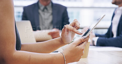 Buy stock photo Planning, tablet and hands of business woman in meeting for workshop, schedule and stock market news. Research, connection and banking firm with closeup of employee for finance report and reading