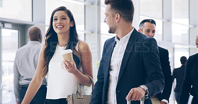 Buy stock photo Business team, travel and communication in airport with commute and suitcase for trip. Conversation, professional people and friends with worker walking with baggage for work partnership or seminar
