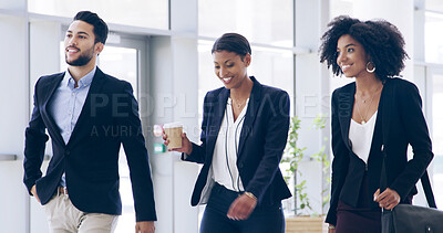 Buy stock photo Business people, travel and walk in airport with commute and smile for workshop trip. Conference, professional team and friends with worker convention for work partnership or international seminar