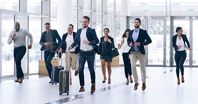 Buy stock photo Luggage, running and rushing with business people in airport for International flight or trip. Delay, late and suitcase with corporate employee group in departure terminal for passenger boarding