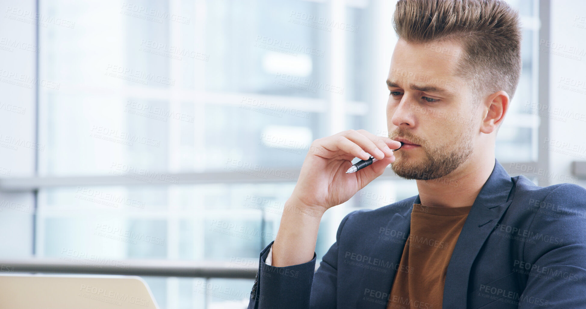 Buy stock photo Thinking, laptop and business man with pen in office for planning, problem solving and brainstorming ideas. Professional, corporate and person for solution, company insights and financial decision
