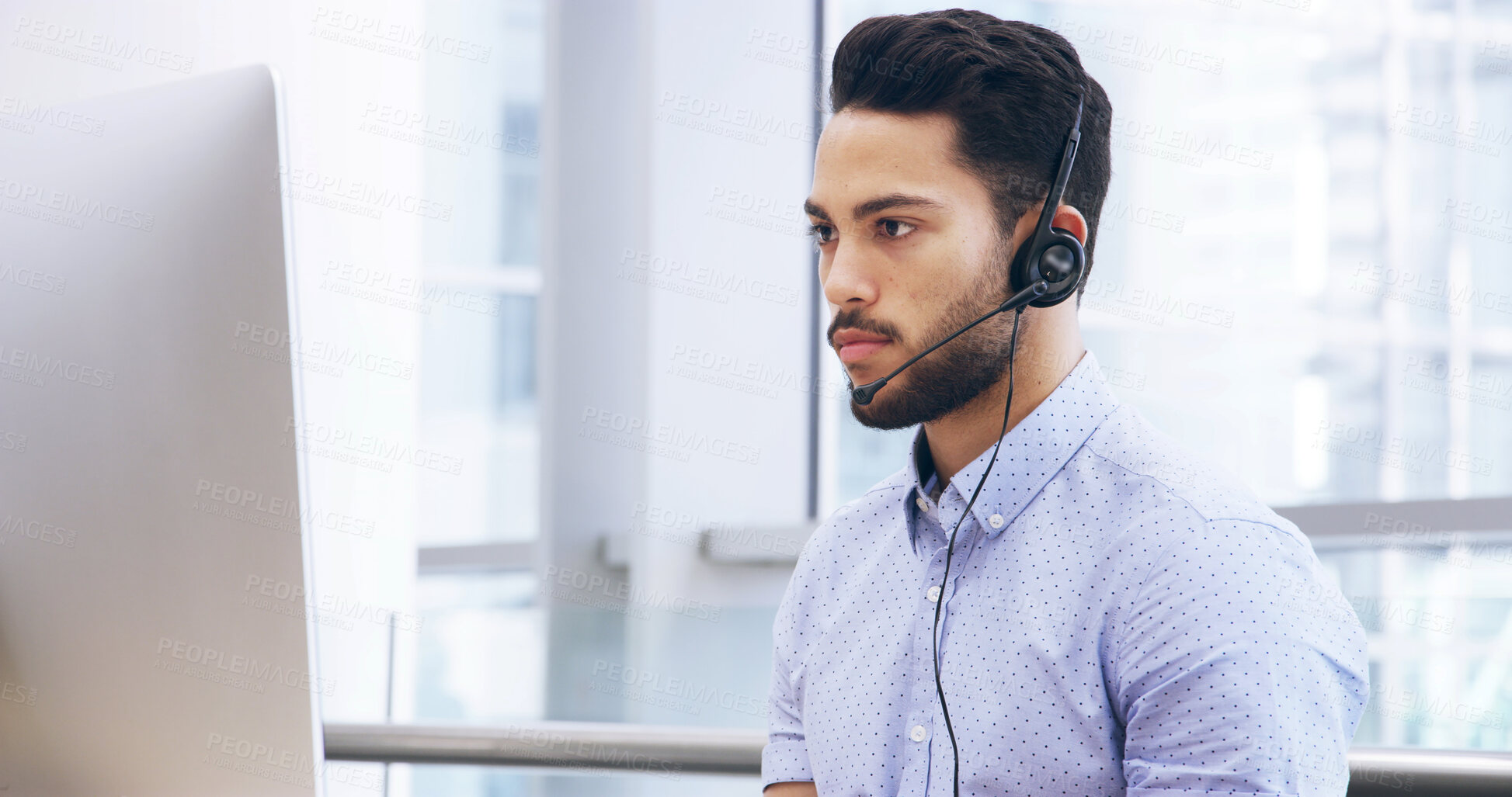 Buy stock photo Computer, call center and serious man in office for sales, insurance advice or contact us. Telemarketing, agent and consulting for customer service, support and online assistance with faq for policy