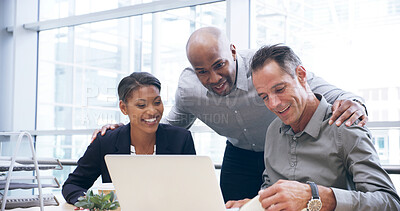 Buy stock photo Laptop, meeting and business people in office for research with company investment, profit or revenue. Discussion, computer and team of financial managers planning for finance proposal with report.