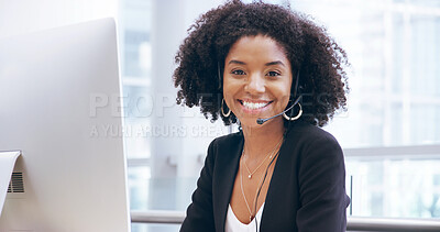 Buy stock photo Portrait, call center and happy black woman at computer for telemarketing, insurance advice or contact us. Sales, agent and consultant with headset for customer service, support or business in office