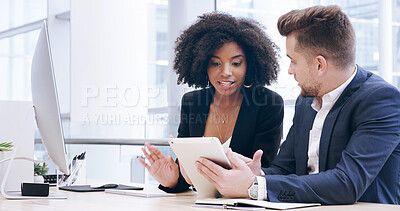 Buy stock photo Tablet, meeting and business people in office for research with company investment, profit or revenue. Discussion, digital technology and team of financial managers planning for finance proposal.