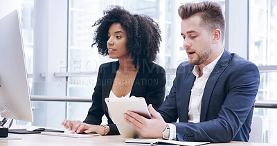 Buy stock photo Tablet, computer and business people in office for research with company investment, profit or revenue. Meeting, digital technology and team of financial managers planning for finance proposal.