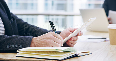 Buy stock photo Tablet, notebook and research with hands of employee in office for client portfolio, investment banker and planning. Financial advisor, capital report and profit with closeup of business person