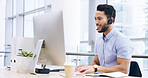 Computer, call center and man typing in office for lead generation, inbound marketing or contact us. Telemarketing, sales and happy consultant on technology for customer service, support or business