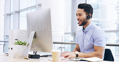 Buy stock photo Computer, call center and man typing in office for lead generation, inbound marketing or contact us. Telemarketing, sales and happy consultant on technology for customer service, support or business